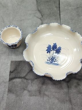 Cream and Blue Floral Scalloped Ceramic Serving Bowl and Cup Set
